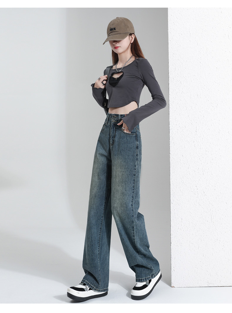 2025 New best-selling spring and autumn straight-leg slimming wide-leg jeans for petite women, high-waisted loose pants pic 16