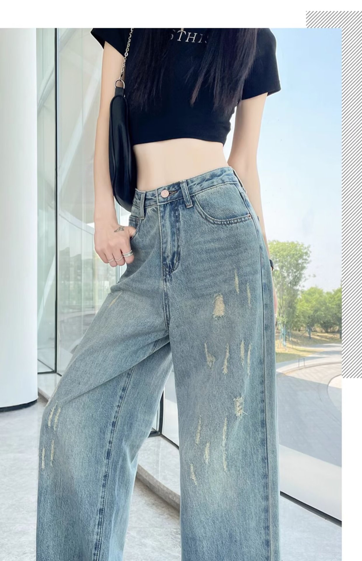 大码复古水洗磨白牛仔裤女春秋新款高腰胖mm宽松显瘦阔腿拖地裤子详情20