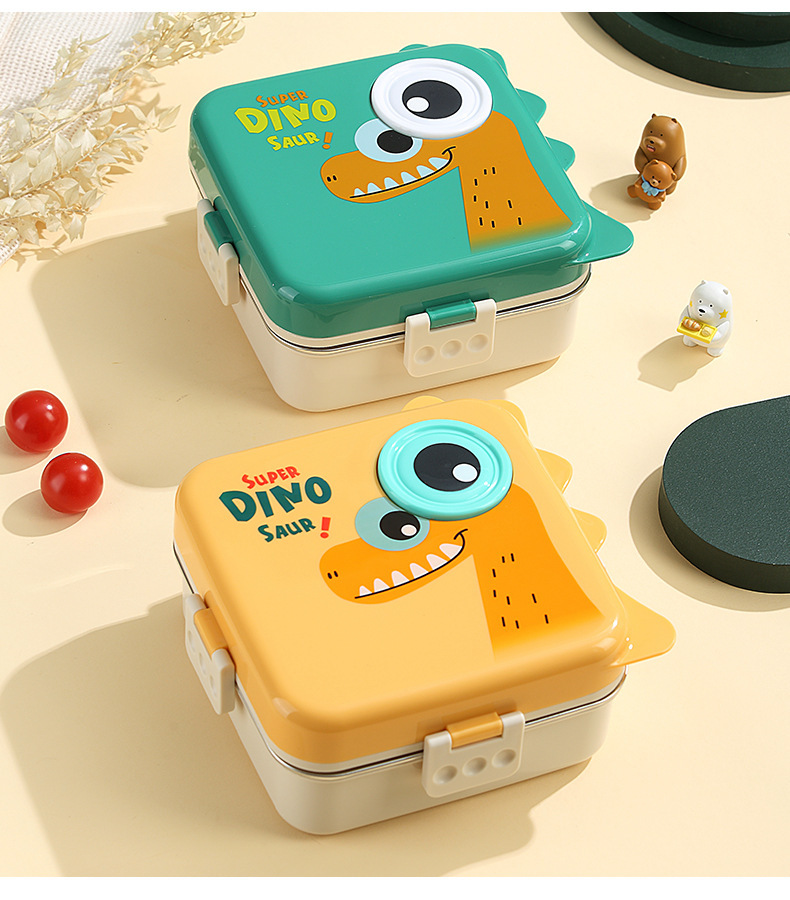 Creative children and students cartoon portable lunch box, cute dinosaur square stainless steel double-layer compartments sealed lunch box pic 14
