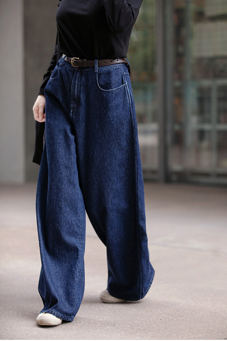 A niche all-season deep indigo blue mid-waisted loose and versatile wide-leg jeans pic 7