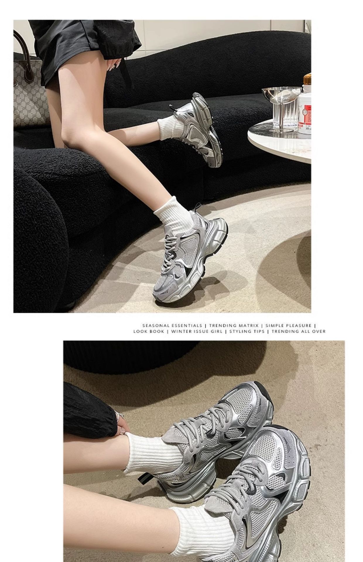 老爹鞋女2025春季新款厚底圆头网面休闲女鞋银色潮牌时尚运动鞋详情9