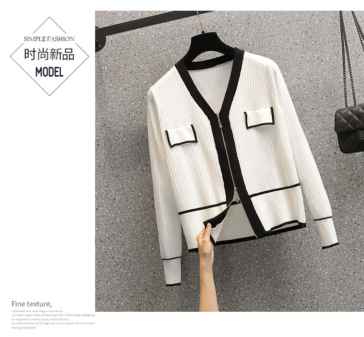 A 200-pound large-sized chanel-style knitted cardigan for early autumn, a V-neck double zipper loose, waist-cinching and slimming base layer for women pic 9