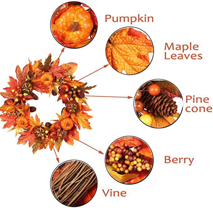 厂家定制秋季南瓜枫叶花环感恩节万圣节门饰花环藤条藤圈家居装饰详情5