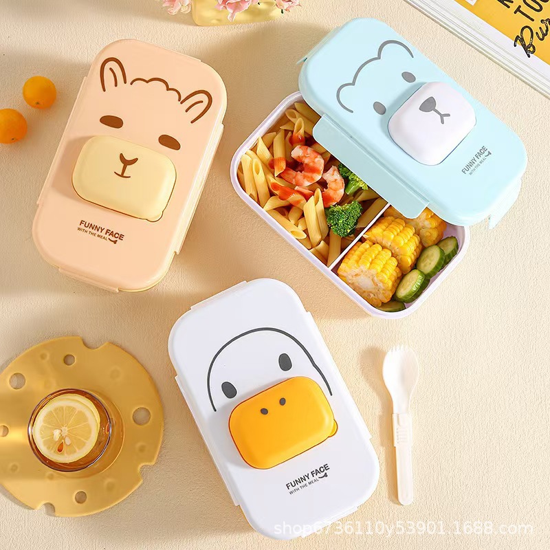 Cute cartoon lunch box, student and white-collar worker with rice, plastic lunch box, portable bento box with tableware, sauce box pic 2