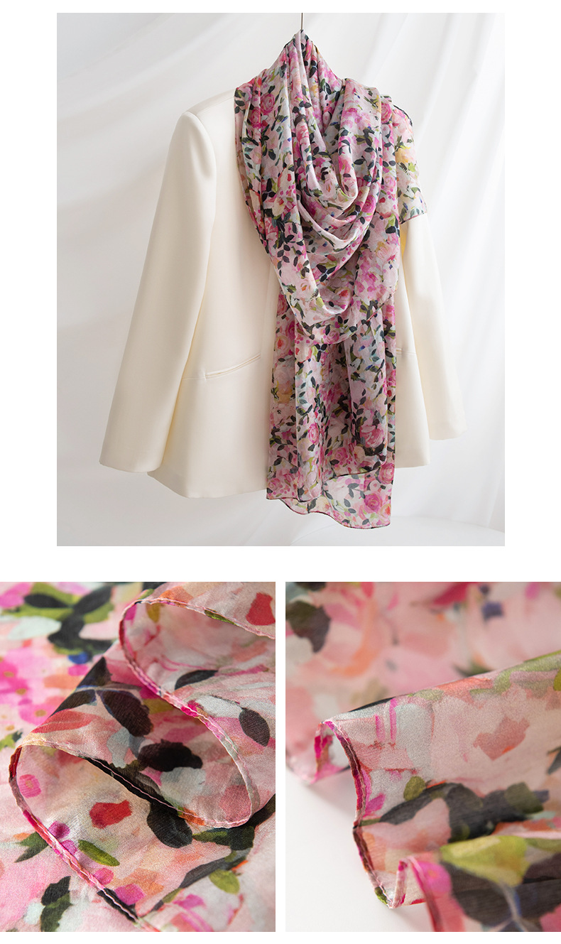 Korean-style atmosphere scarf, high-end long scarf, thin country small floral print, medium-long silk scarf, 100% sun protection shawl pic 15