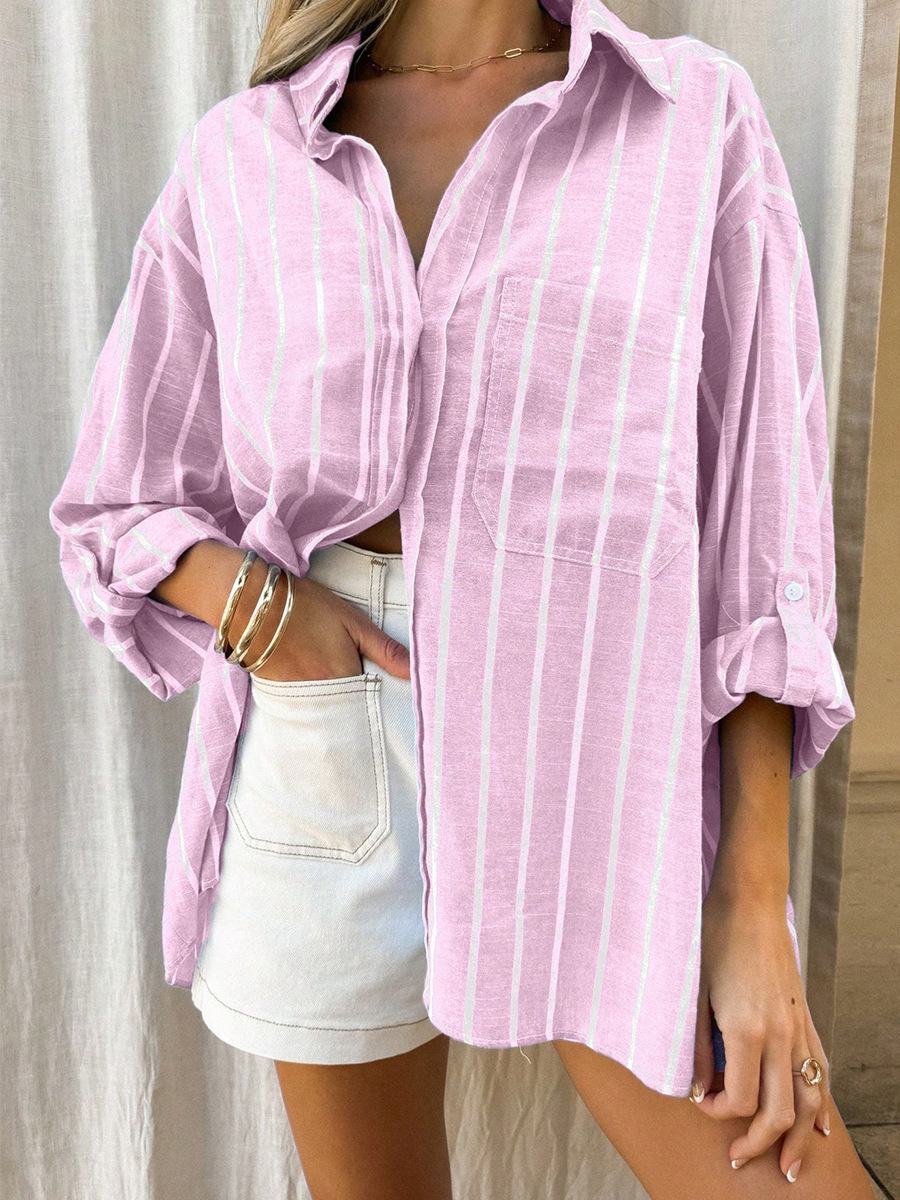 跨境亚马逊欧美条纹衬衫女2025新款气质百搭长袖衬衣开衫宽松女装详情18