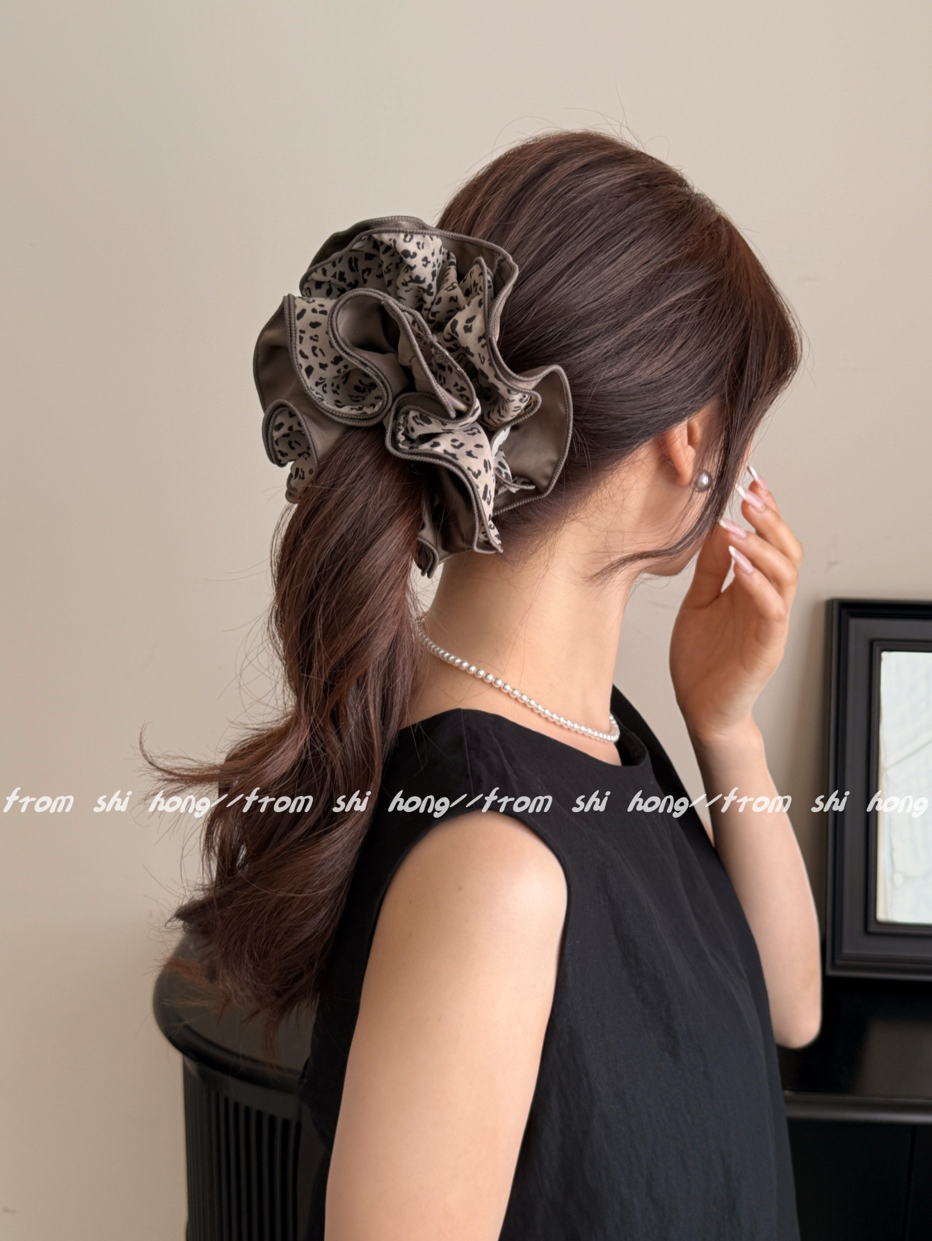 韩版四层锁边AB面双拼豹纹发圈气质百搭丸子头头花时尚发绳扎头绳详情13