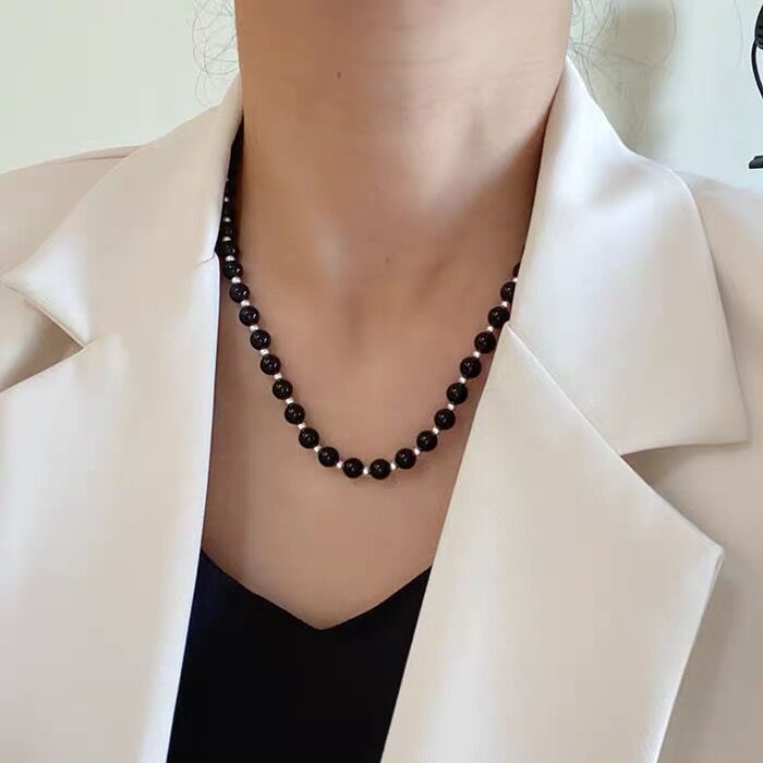 Natural black agate silver bead spliced necklace, Korean s925 pure silver versatile round bead collarbone chain, retro and fashionable jewelry for women pic 6