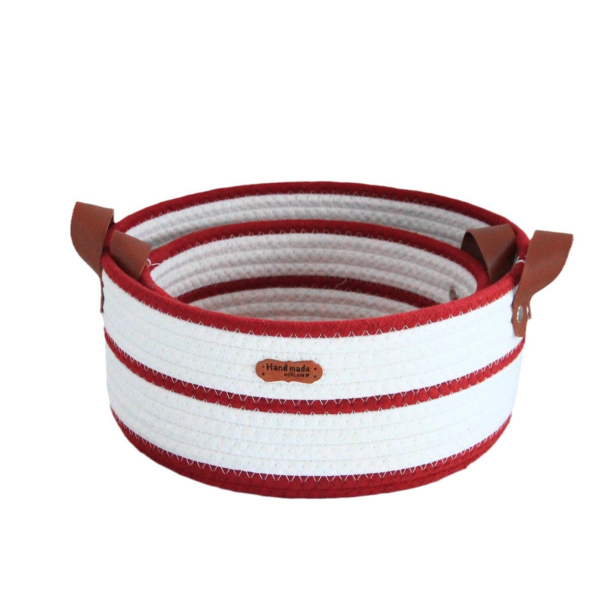 Round cotton rope woven storage basket with leather handle, InS-style desktop storage basket, cosmetics and toys storage box, Nordic style pic 34