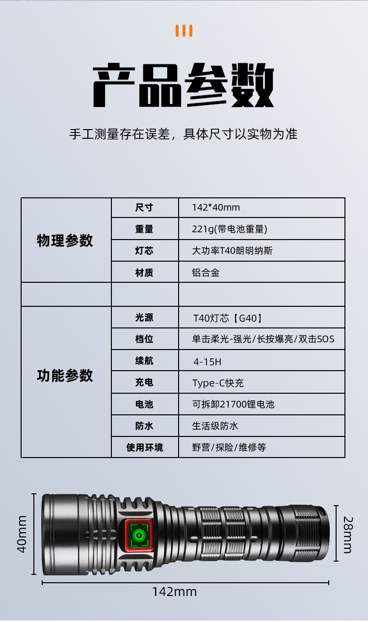 正品SST40强光手电筒超亮远射21700可充电G40定焦户外便携一体仓详情13