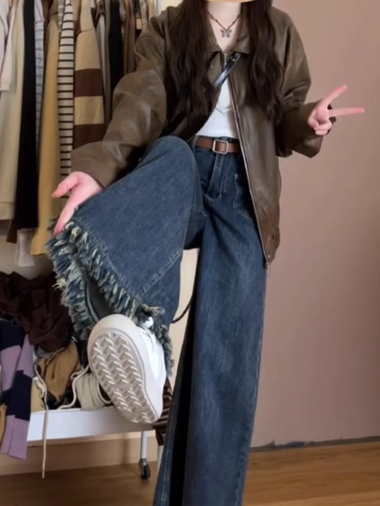 梨形身材垂感毛边牛仔裤女秋天薄款大码胖显瘦宽松高腰阔腿裤子XH详情7