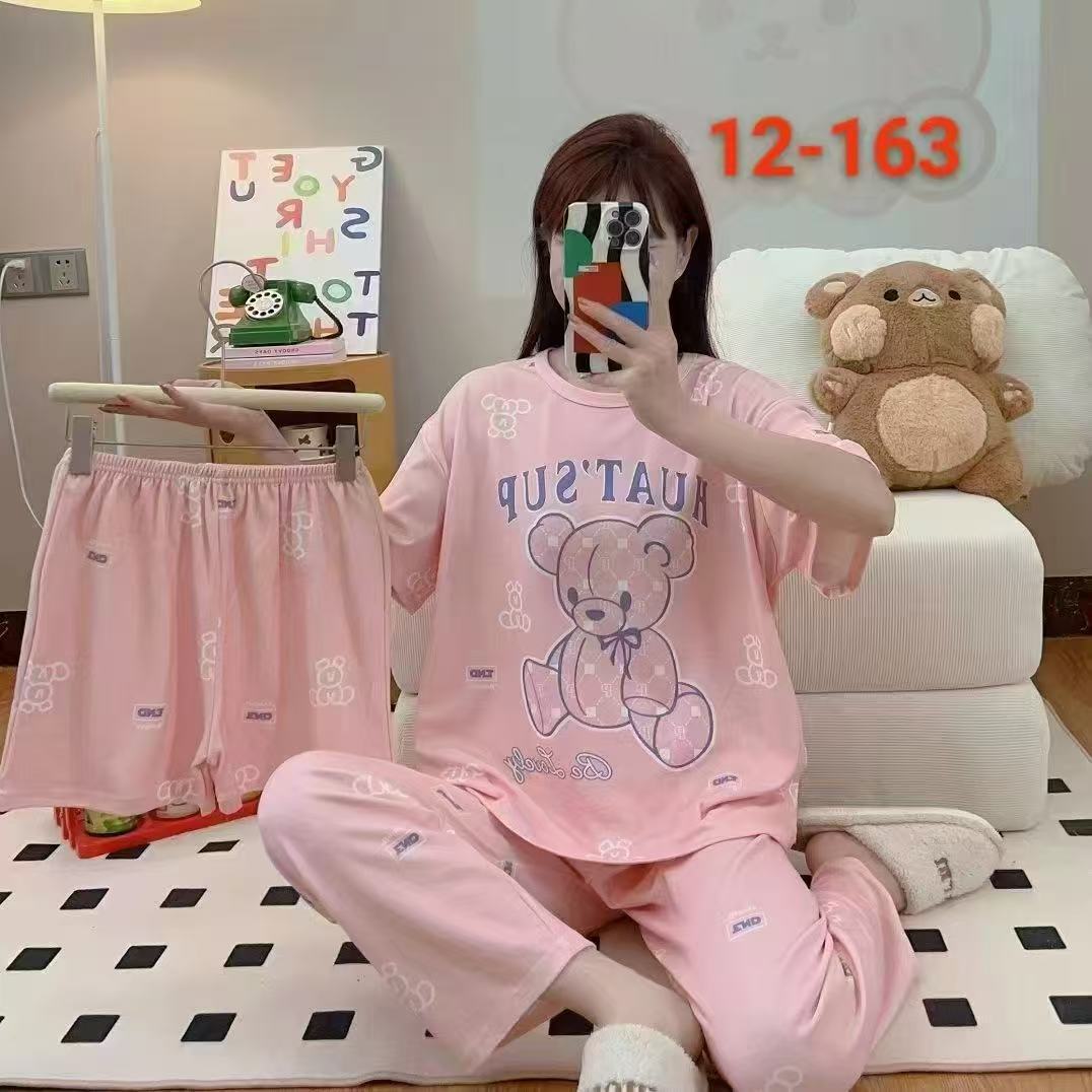 pajamas外贸工厂批发卡通夏季睡衣女短袖大码长裤三件套家居套装详情47