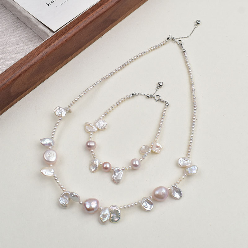 天然淡水珍珠花瓣珍珠项链套装时尚轻奢巴洛克异形珍珠颈链手链详情1