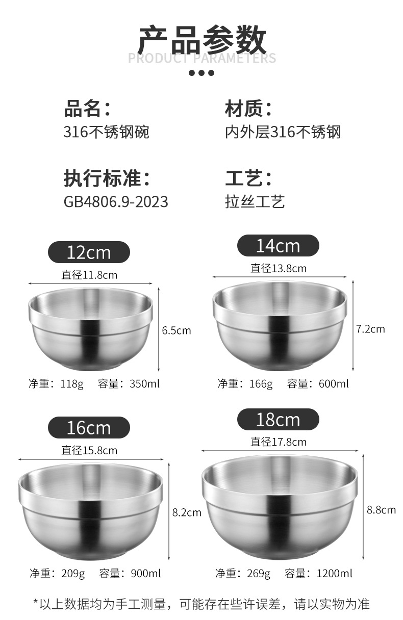 316不锈钢砂光碗批发双层隔热家用汤碗学校食堂纯色吃饭碗泡面碗详情3