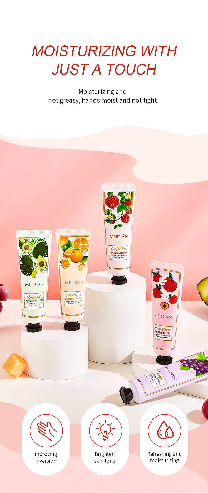 【 Exclusive for Foreign Trade 】 Wholesale of 5-bottle Set of Meidian Fruit Fragrance Hand Cream Moisturizing and Anti-Cracking Hand Cream pic 8