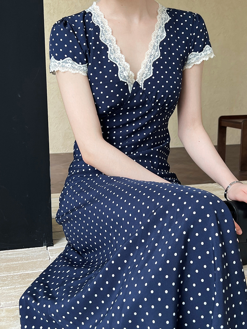 鹿西 法式蕾丝花边拼接连衣裙夏季V领气质波点收腰显瘦长裙子8677详情37