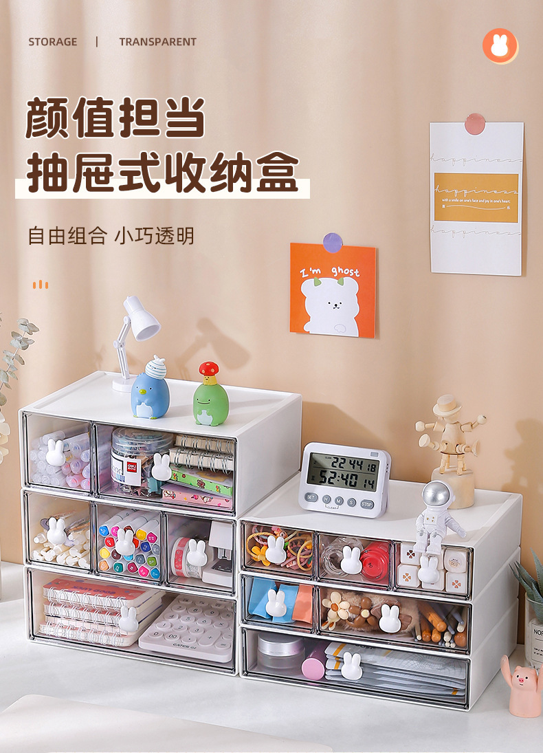 大容量抽屉式透明收纳盒多格桌面学生文具办公胶带储物盒子详情1