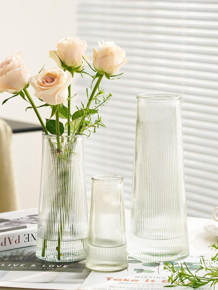 玻璃花瓶高级感简约创意透明竖纹塔玫瑰鲜花瓶ins风客厅插花摆件详情6