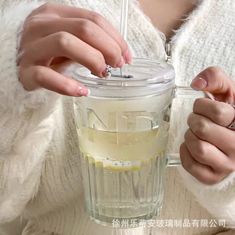 高颜值玻璃杯带盖子吸管便携杯子女喝水杯大容量把手杯高级感杯子详情4