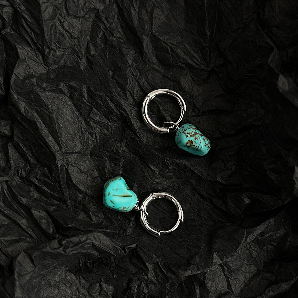 Original design sense, ethnic style, handcrafted synthetic turquoise, artistic and retro, irregular and irregular-shaped earrings, factory earrings pic 3