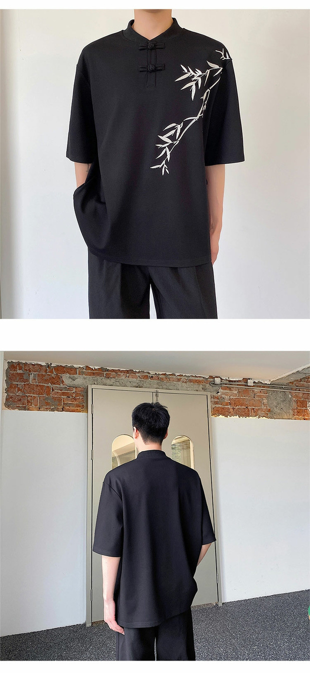 Summer Chinese trend improved Chinese-style button-up T-shirt for men, short-sleeved, niche bamboo embroidery design, retro Chinese style half-sleeved top pic 11