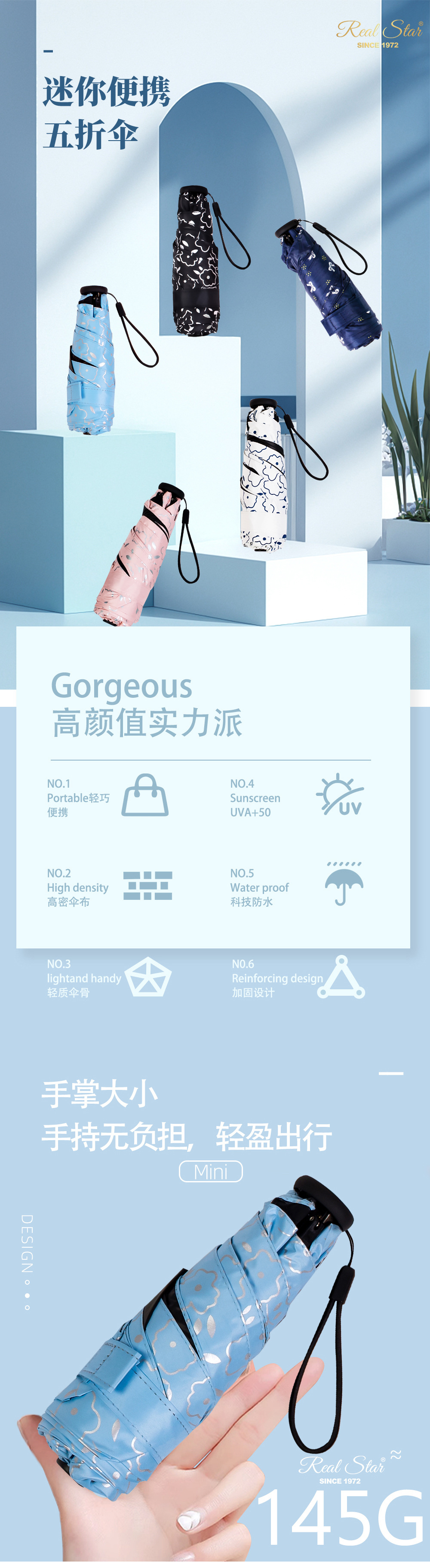 New 5-fold lightweight sun umbrella, 5-bone manual folding mini umbrella, plain printed sunshade pocket umbrella pic 2