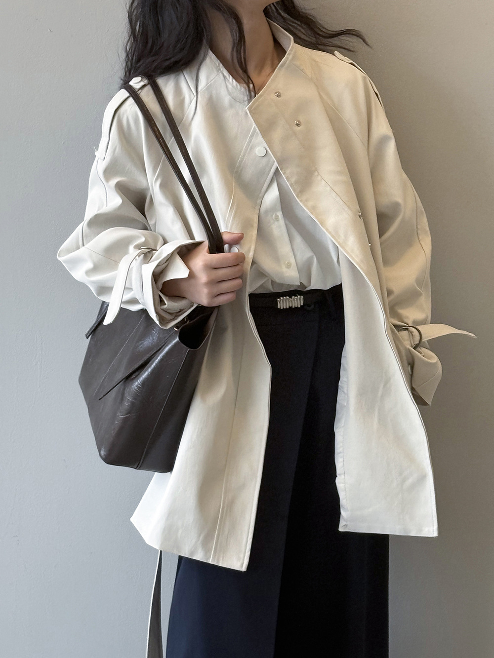 Yan Shuang British-style stand-up collar trench coat for women, autumn loose, casual, lace-up, waist-cinching short style 82585 pic 23