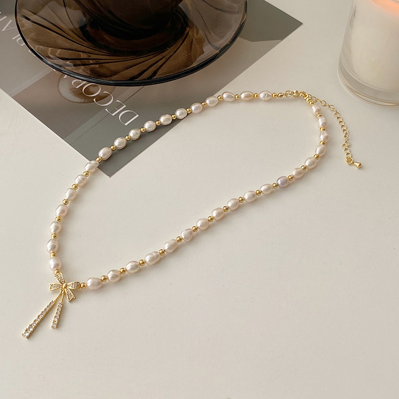 淡水珍珠项链微镶锆石蝴蝶结法式复古锁骨链铜珠间隔设计感项饰女详情14