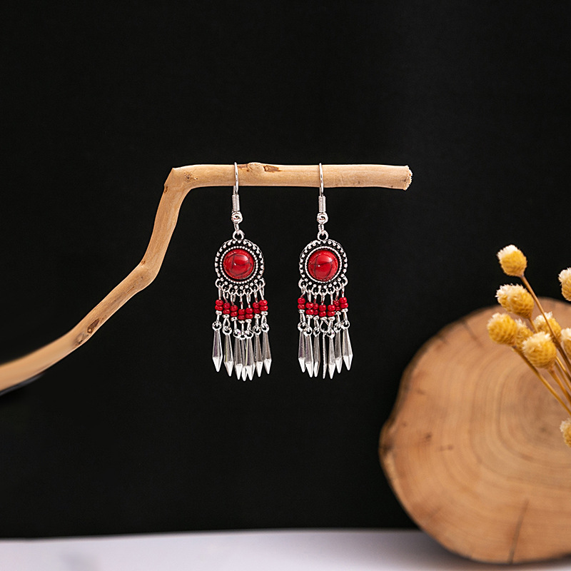 欧美波西米亚蓝松石民族风耳钉 仿苗银金属耳坠复古流苏耳饰批发详情28