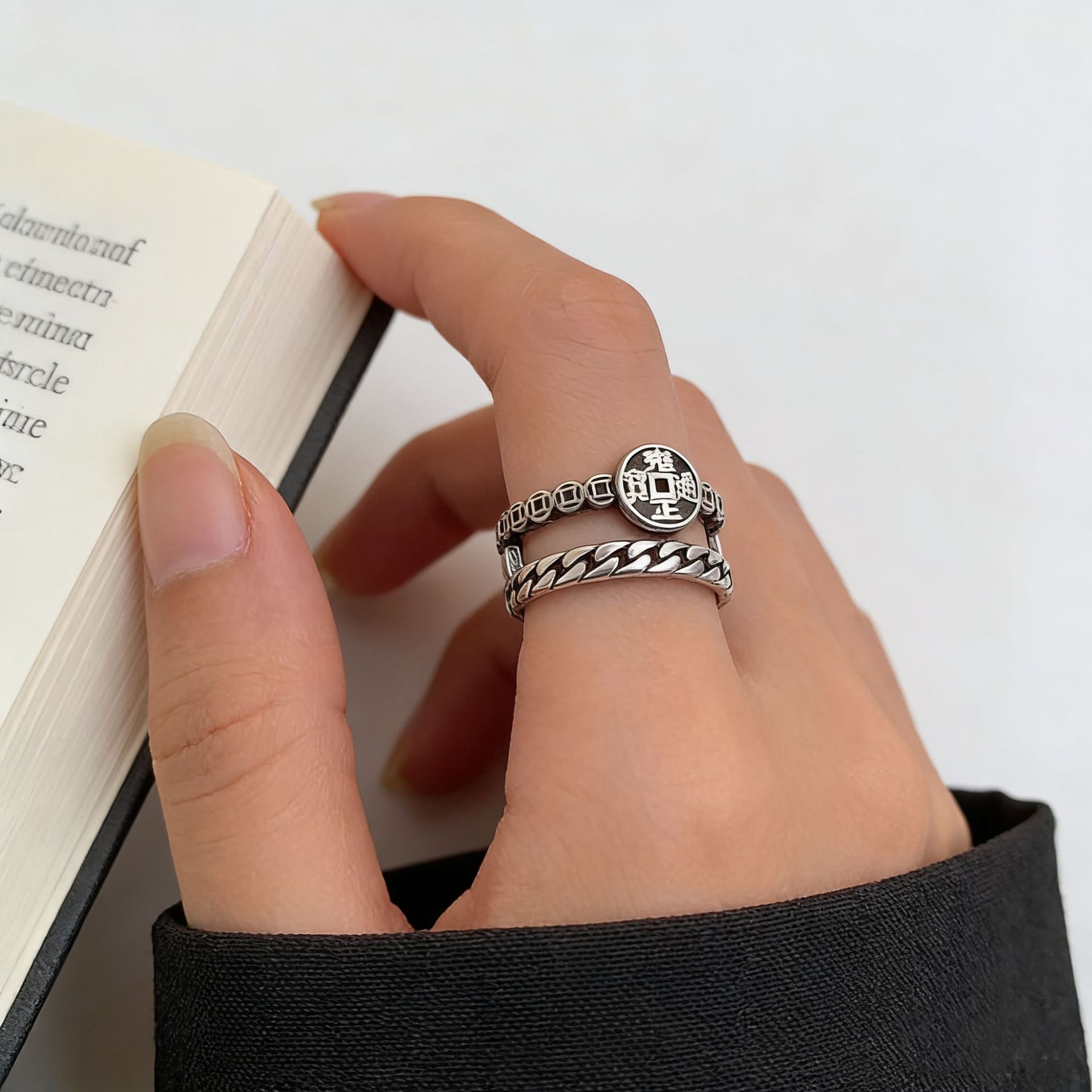 This is a niche design 12.20 national trend copper coin ring. It is made entirely of S925 sterling silver, with a retro and aged wide version. It is a unique and stylish open ring for women pic 6