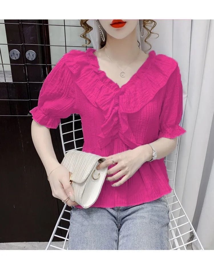 Summer new French V-neck bubble short-sleeved shirt for women, slimming, fashionable and elegant casual top for women chiffon pic 9