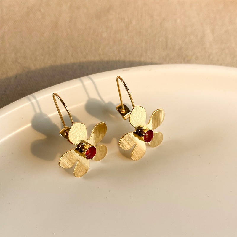 西班牙设计拉丝耳环复古花朵耳钉高级感耳坠耳钩小众文艺镀金中古详情2