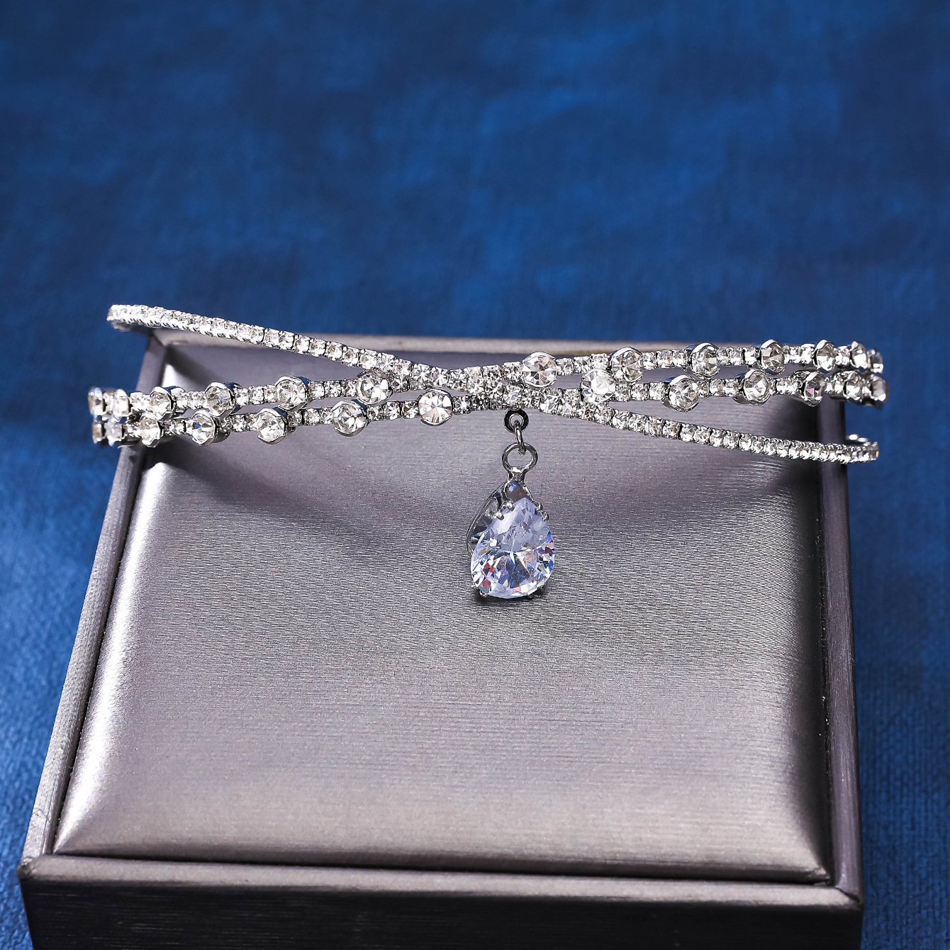 Zircon water drop hairband, large gemstone hairband, headwear, collar, neckband, rhinestone slimming, cross collarbone chain necklace pic 6