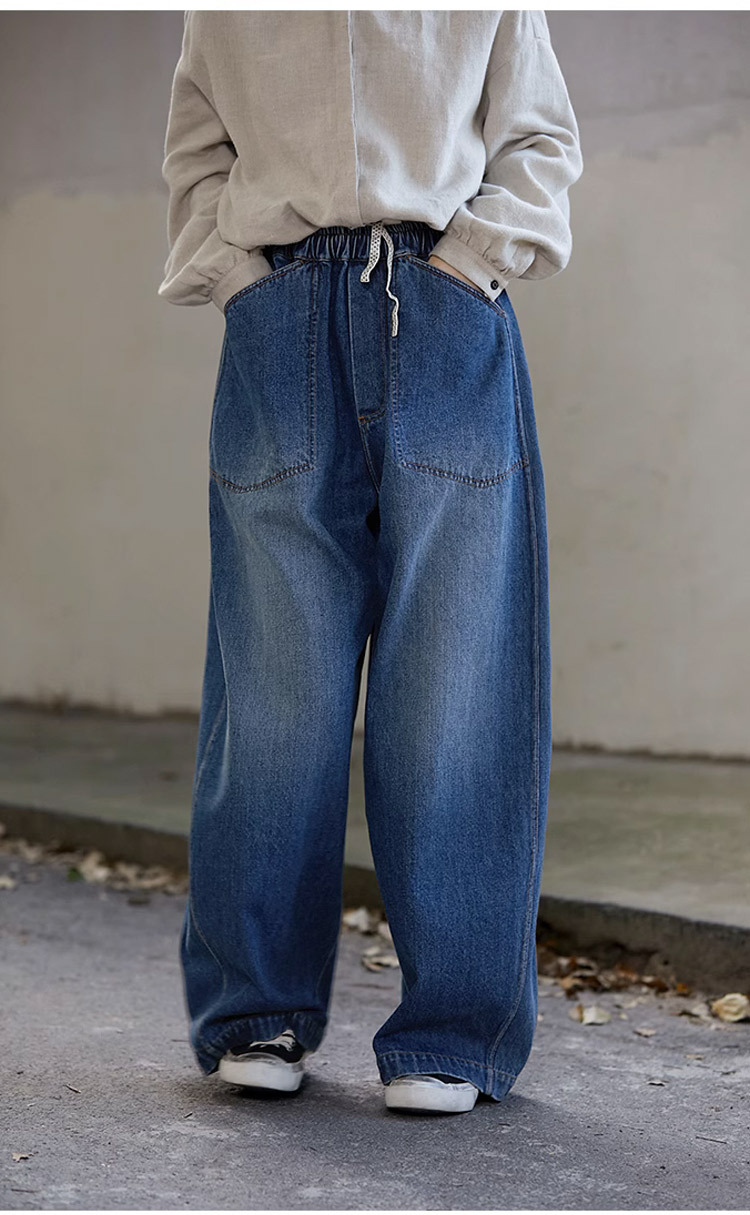 2025新款秋冬海蓝色纯棉加厚宽松休闲文艺阔腿裤松紧腰弯刀牛仔裤详情5