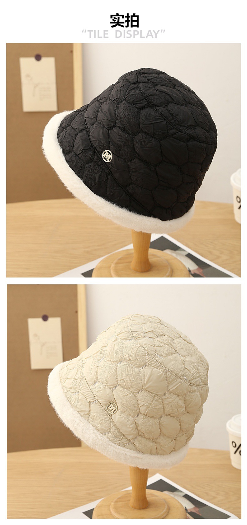 外翻毛绒保温冬季加厚羽绒棉防寒渔夫帽 小众设计时尚休闲风盆帽详情3