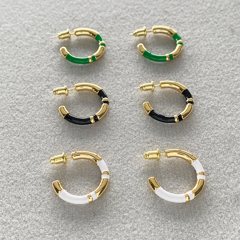 C形珐琅圈圈拼接耳环女法式轻奢小众设计感复古气质银针撞色耳圈详情32