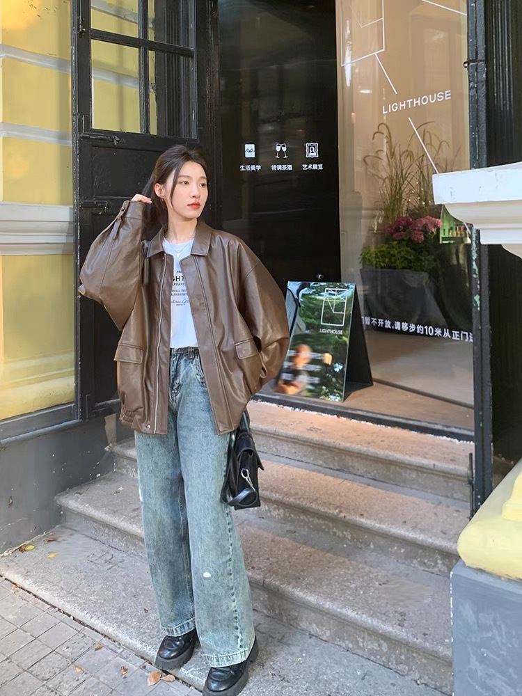 复古棕色皮衣女短款2024春秋季小个子韩版宽松皮夹克帅气机车外套详情4