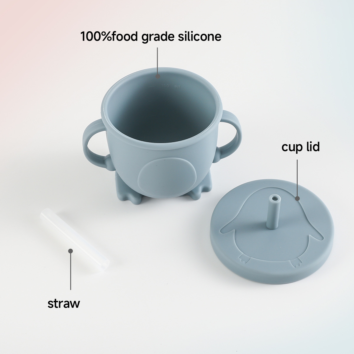 企鹅水杯食品级儿童硅胶吸管水杯现货 跨境婴儿双耳硅胶防摔水杯详情4