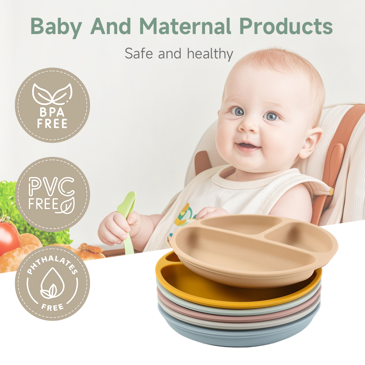 儿童硅胶餐盘跨境工厂分格盘子食品级宝宝餐盘防摔吸盘式辅食餐盘详情7