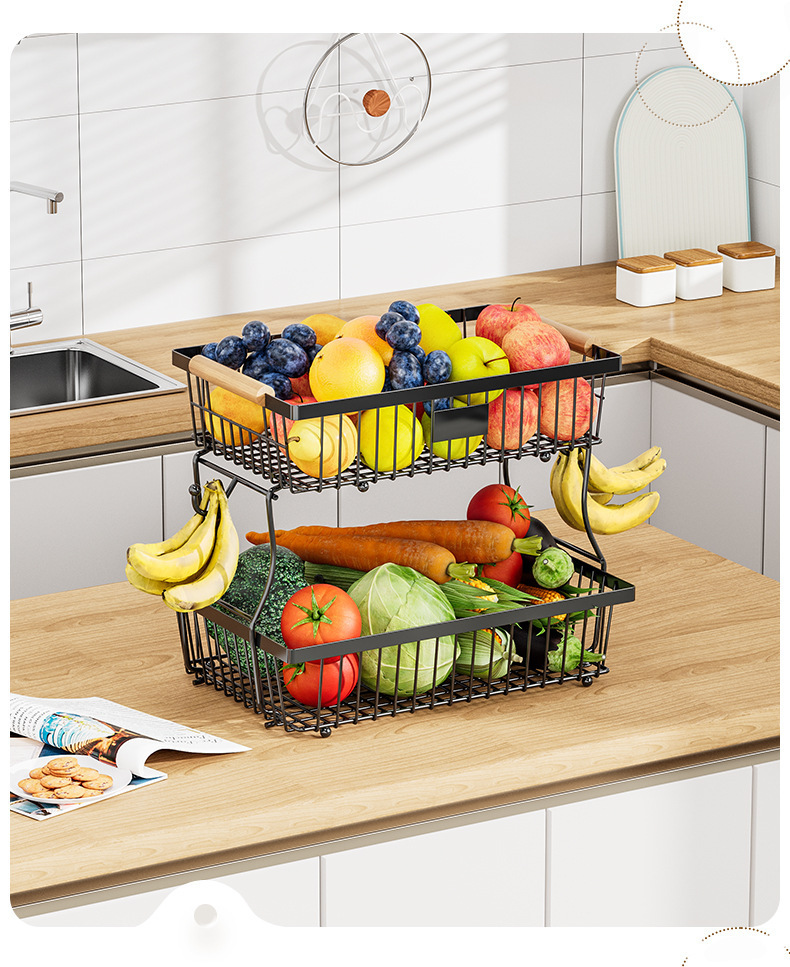 Cross-border kitchen fruit rack mango de madera portátil verduras cesta de frutas sala de estar doble desmontable snack storage pic 15