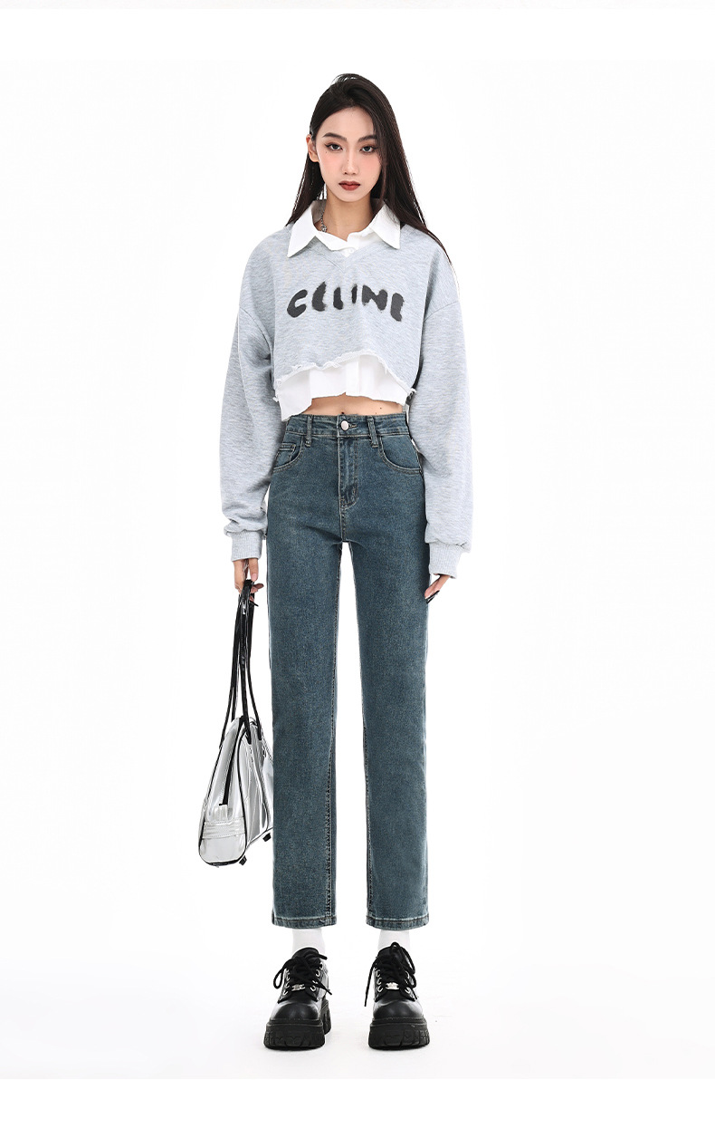 Blue-gray smoke tube jeans for women in spring 2025, petite slimming baguette pants, 9-inch straight leg pants pic 29
