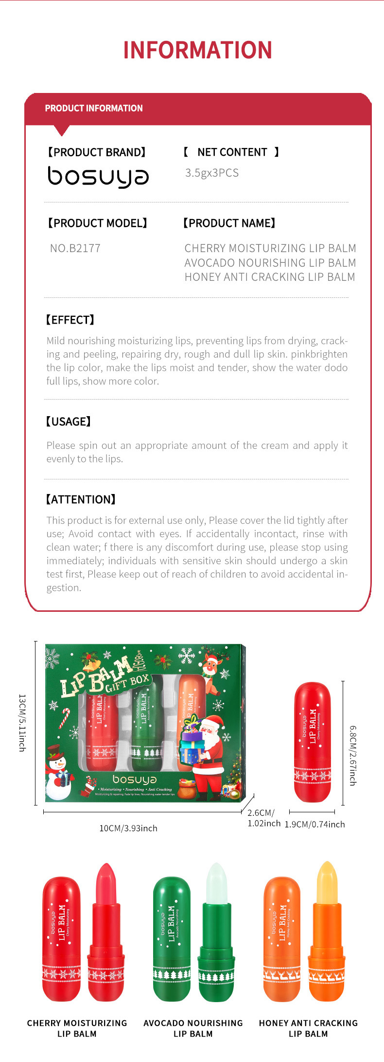 【 Cross-border Exclusive 】bosuya Christmas Lip Balm Set: Exfoliating, Reducing Lip Lines, Hydrating and Moisturizing Lip Balm pic 14