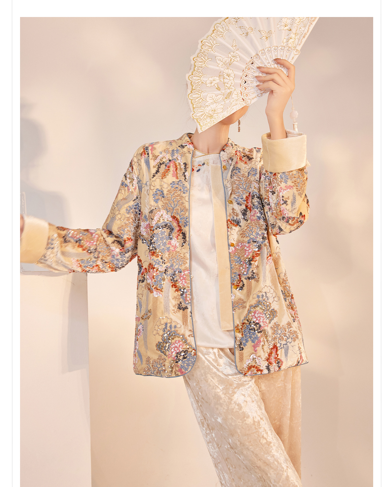 New Chinese-style top for women in the autumn and winter of 2025, featuring a heavy sequined embroidery design on cotton-padded jackets pic 7
