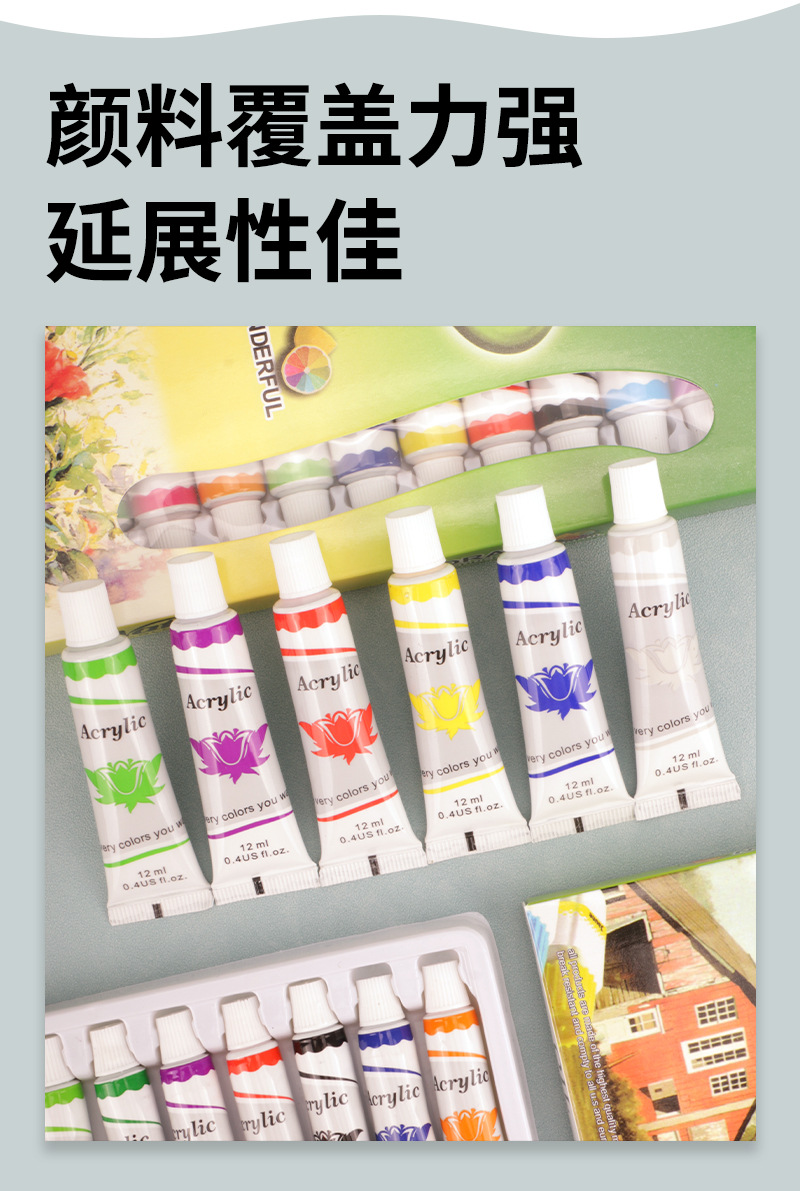 Cross-border 12-color Acrylic paint 12ml Watercolor Acrylic oil paint, Art Special painting and wall painting paint set pic 4