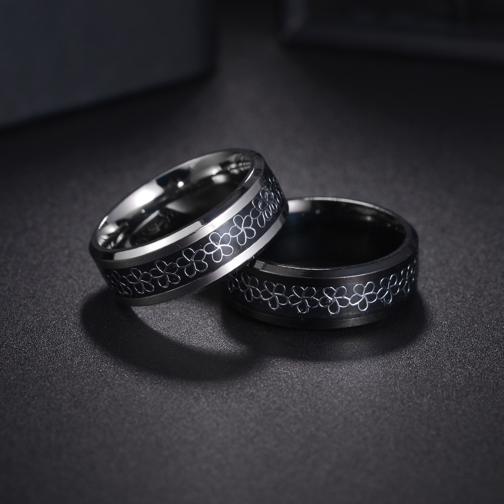 Cross-border new European and American oil drip ring small flower jewelry, flower pattern titanium steel ring 8mm bevel electroplated pic 3