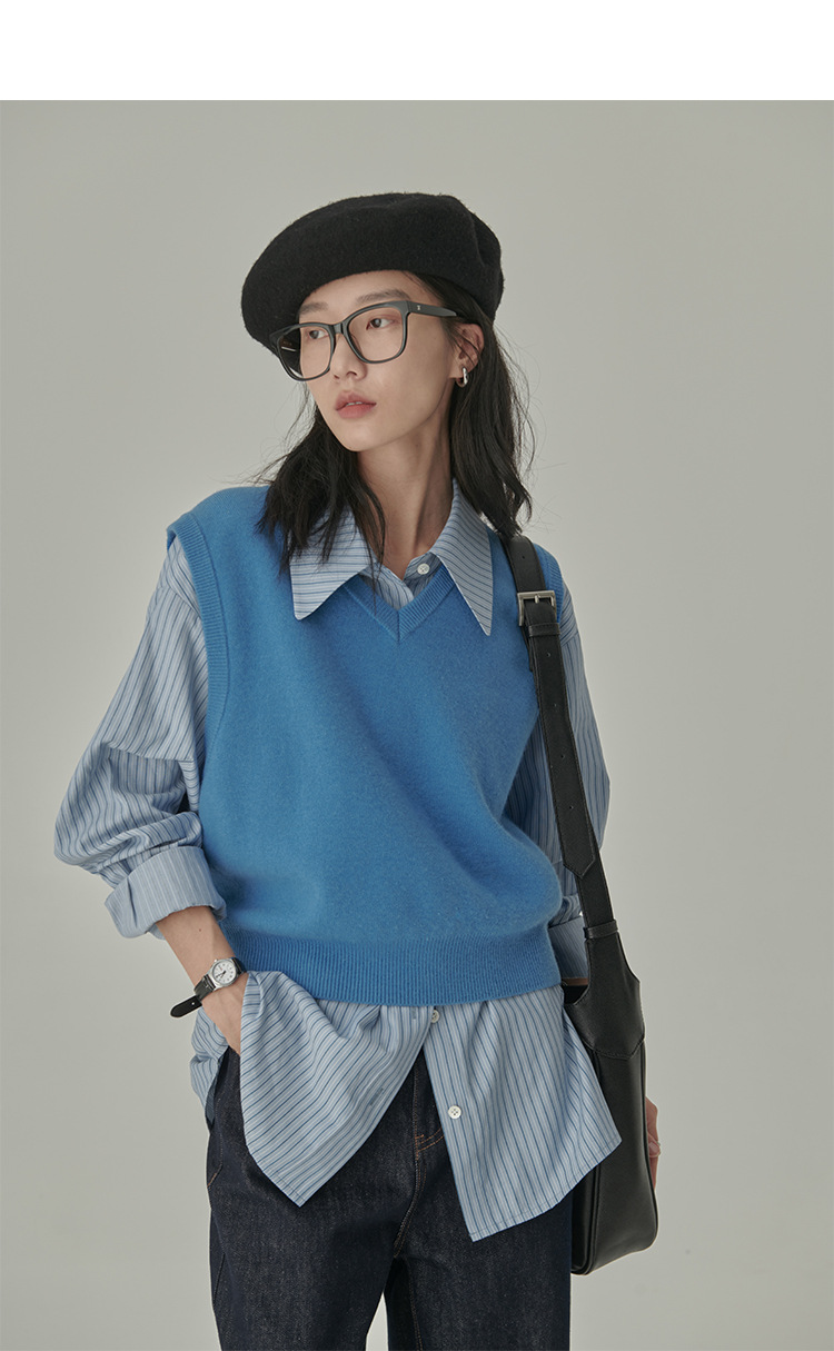 春秋季新款复古港风蓝色条纹衬衫女宽松显瘦通勤叠穿设计感衬衣潮详情11