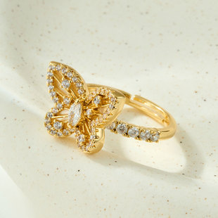 Fashionable, light luxury, dynamic butterfly opening ring, copper alloy, real gold electroplated, slightly inlaid zircon, exquisite adjustable ring pic 1
