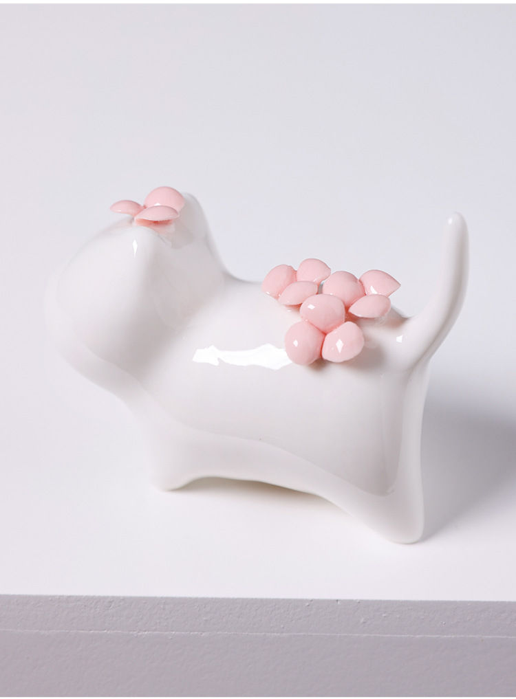 2026, a creative home tabletop decoration ceramic flower arrangement featuring hand-molded miniature cats in a jade-like white color pic 2