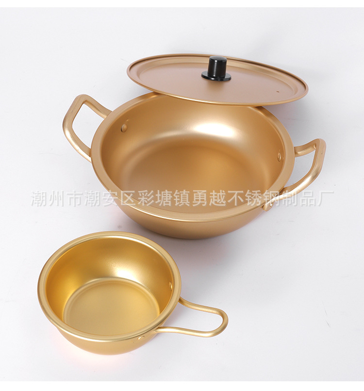 跨境韩式黄铝泡面锅家用迷你小煮锅酒店餐厅拉面锅双耳带盖汤锅详情4