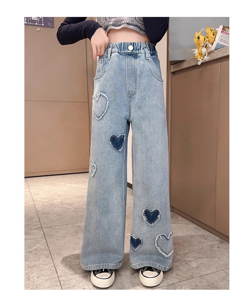 女童爱心贴布阔腿裤牛仔裤2025春秋款女大童直筒裤炸街潮韩版潮流详情15